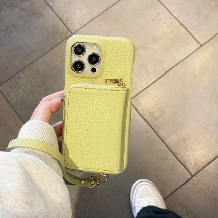 ShopCaseCart Premium Stylish iPhone 15 Pro Protective cover Zipper Card Slots PU Leather Phone Back Guard with Wrist Strap