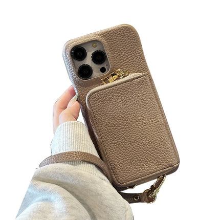 For iPhone 16 Pro Max Case Zipper Card Slots PU Leather Phone Back Cover with Wrist Strap - Grey