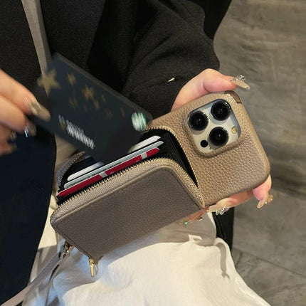 For iPhone 16 Pro Max Case Zipper Card Slots PU Leather Phone Back Cover with Wrist Strap