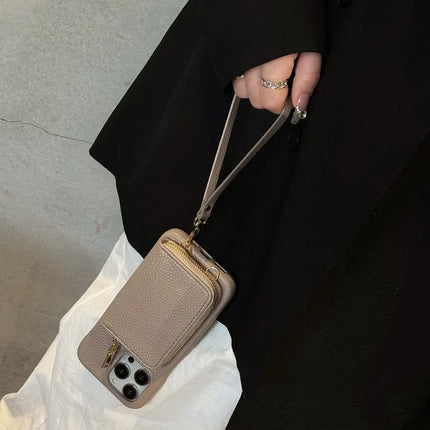 For iPhone 16 Pro Max Case Zipper Card Slots PU Leather Phone Back Cover with Wrist Strap