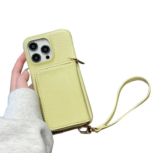 For iPhone 16 Pro Max Case Zipper Card Slots PU Leather Phone Back Cover with Wrist Strap - Green
