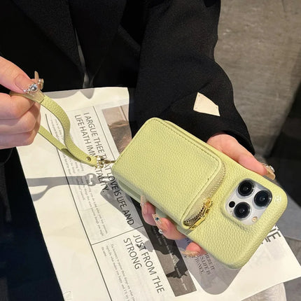 For iPhone 16 Pro Max Case Zipper Card Slots PU Leather Phone Back Cover with Wrist Strap