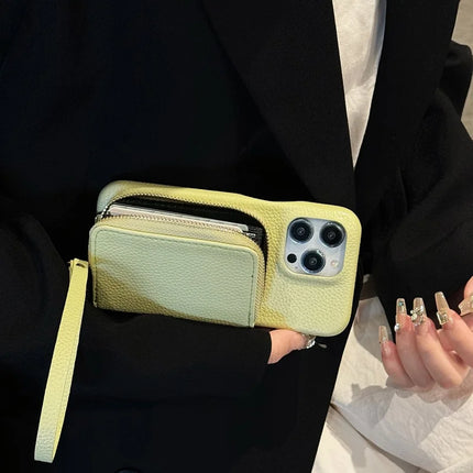For iPhone 16 Pro Max Case Zipper Card Slots PU Leather Phone Back Cover with Wrist Strap
