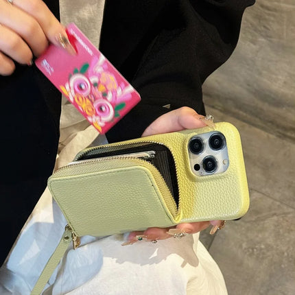 For iPhone 16 Pro Max Case Zipper Card Slots PU Leather Phone Back Cover with Wrist Strap
