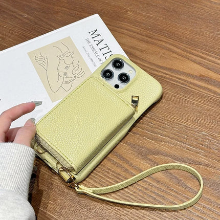 For iPhone 16 Pro Max Case Zipper Card Slots PU Leather Phone Back Cover with Wrist Strap