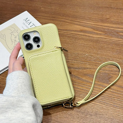 For iPhone 16 Pro Max Case Zipper Card Slots PU Leather Phone Back Cover with Wrist Strap