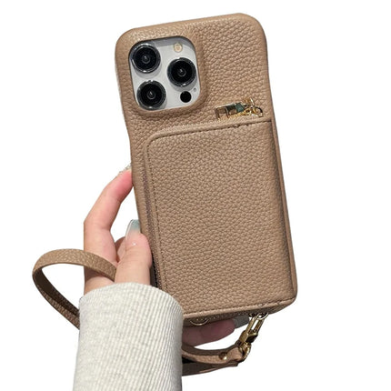 For iPhone 16 Pro Max Case Zipper Card Slots PU Leather Phone Back Cover with Wrist Strap - Light Brown