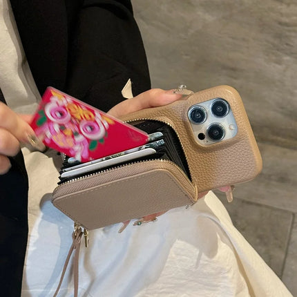 For iPhone 16 Pro Max Case Zipper Card Slots PU Leather Phone Back Cover with Wrist Strap