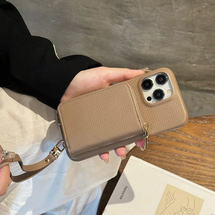 For iPhone 16 Pro Max Case Zipper Card Slots PU Leather Phone Back Cover with Wrist Strap