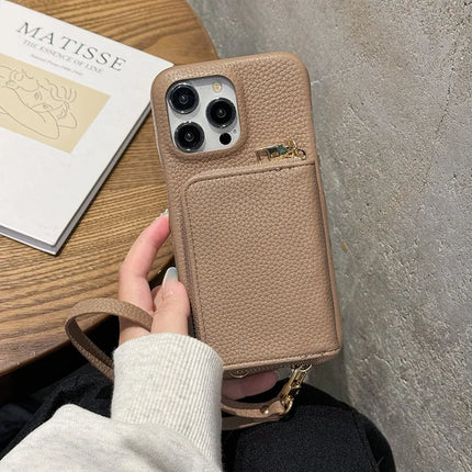 For iPhone 16 Pro Max Case Zipper Card Slots PU Leather Phone Back Cover with Wrist Strap