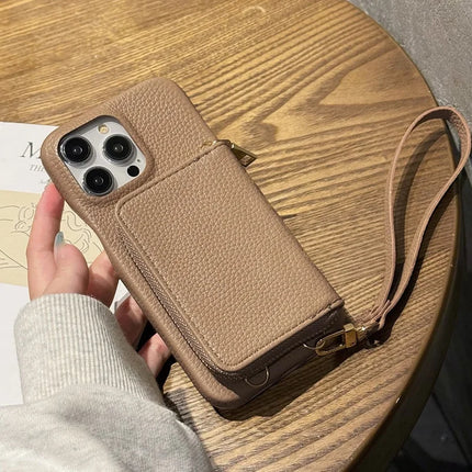 For iPhone 16 Pro Max Case Zipper Card Slots PU Leather Phone Back Cover with Wrist Strap