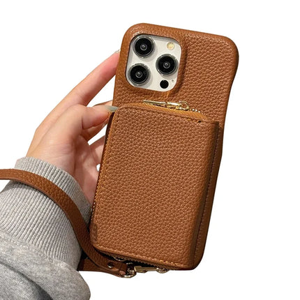 For iPhone 16 Pro Max Case Zipper Card Slots PU Leather Phone Back Cover with Wrist Strap - Dark Brown