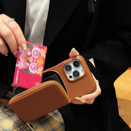 For iPhone 16 Pro Max Case Zipper Card Slots PU Leather Phone Back Cover with Wrist Strap