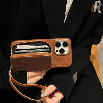 For iPhone 16 Pro Max Case Zipper Card Slots PU Leather Phone Back Cover with Wrist Strap