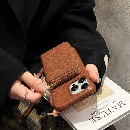 For iPhone 16 Pro Max Case Zipper Card Slots PU Leather Phone Back Cover with Wrist Strap