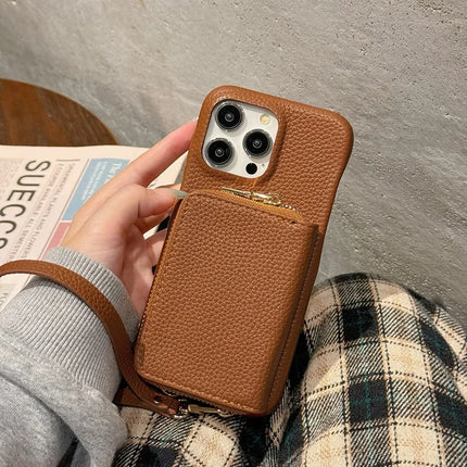 For iPhone 16 Pro Max Case Zipper Card Slots PU Leather Phone Back Cover with Wrist Strap