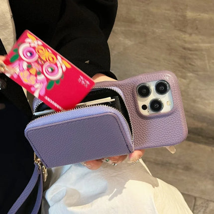 For iPhone 16 Pro Max Case Zipper Card Slots PU Leather Phone Back Cover with Wrist Strap