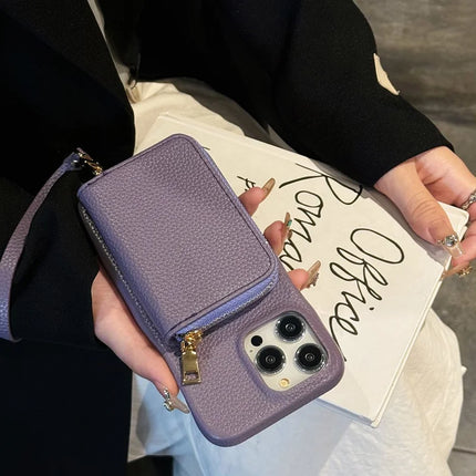 For iPhone 16 Pro Max Case Zipper Card Slots PU Leather Phone Back Cover with Wrist Strap