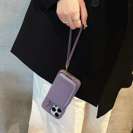 For iPhone 16 Pro Max Case Zipper Card Slots PU Leather Phone Back Cover with Wrist Strap