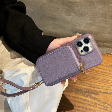 For iPhone 16 Pro Max Case Zipper Card Slots PU Leather Phone Back Cover with Wrist Strap