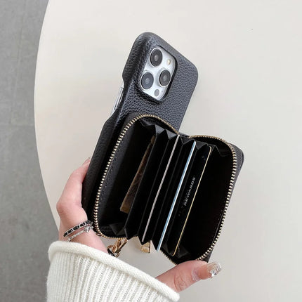 For iPhone 16 Pro Max Case Zipper Card Slots PU Leather Phone Back Cover with Wrist Strap