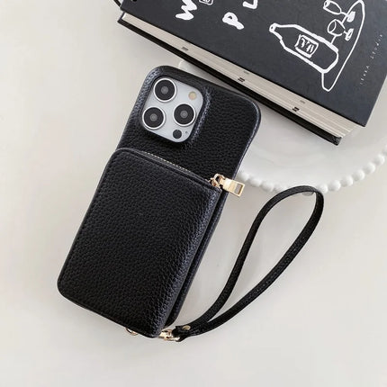 For iPhone 16 Pro Max Case Zipper Card Slots PU Leather Phone Back Cover with Wrist Strap