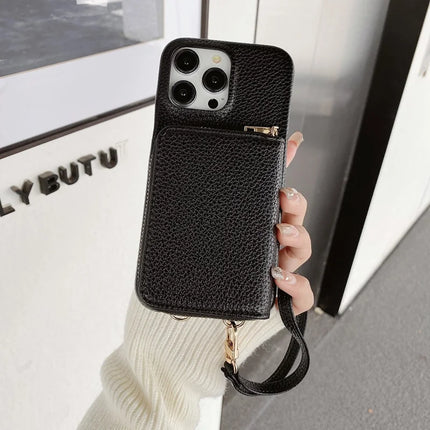 For iPhone 16 Pro Max Case Zipper Card Slots PU Leather Phone Back Cover with Wrist Strap