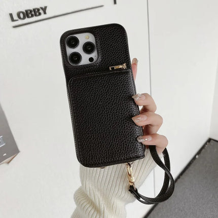 For iPhone 16 Pro Max Case Zipper Card Slots PU Leather Phone Back Cover with Wrist Strap