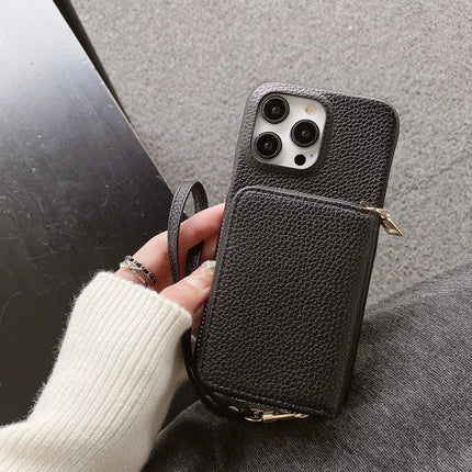 For iPhone 16 Pro Max Case Zipper Card Slots PU Leather Phone Back Cover with Wrist Strap