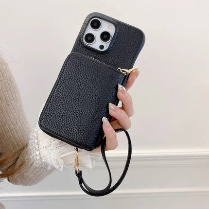 For iPhone 16 Pro Max Case Zipper Card Slots PU Leather Phone Back Cover with Wrist Strap