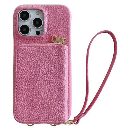 For iPhone 16 Pro Max Case Zipper Card Slots PU Leather Phone Back Cover with Wrist Strap - Pink