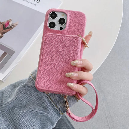 For iPhone 16 Pro Max Case Zipper Card Slots PU Leather Phone Back Cover with Wrist Strap
