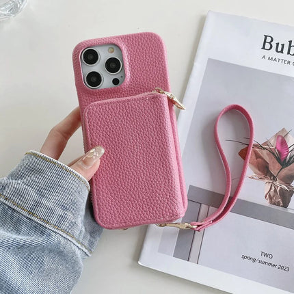For iPhone 16 Pro Max Case Zipper Card Slots PU Leather Phone Back Cover with Wrist Strap