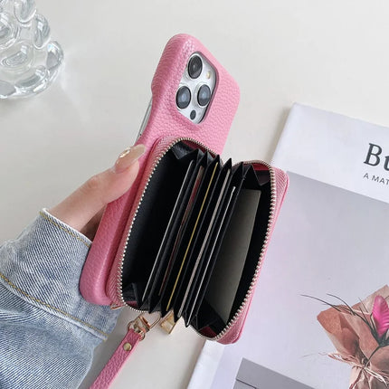 For iPhone 16 Pro Max Case Zipper Card Slots PU Leather Phone Back Cover with Wrist Strap