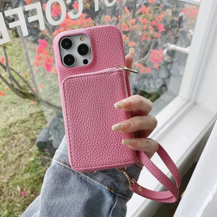 For iPhone 16 Pro Max Case Zipper Card Slots PU Leather Phone Back Cover with Wrist Strap