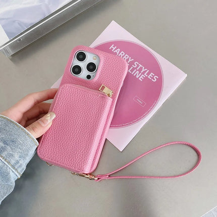 For iPhone 16 Pro Max Case Zipper Card Slots PU Leather Phone Back Cover with Wrist Strap