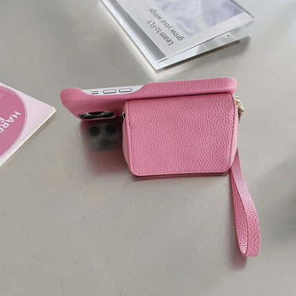 For iPhone 16 Pro Max Case Zipper Card Slots PU Leather Phone Back Cover with Wrist Strap