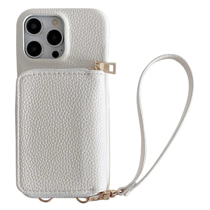 For iPhone 16 Pro Max Case Zipper Card Slots PU Leather Phone Back Cover with Wrist Strap - White