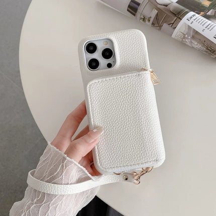 For iPhone 16 Pro Max Case Zipper Card Slots PU Leather Phone Back Cover with Wrist Strap