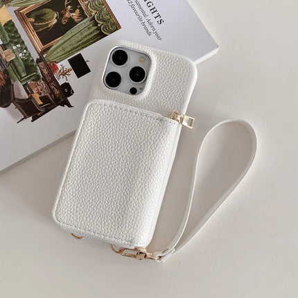 For iPhone 16 Pro Max Case Zipper Card Slots PU Leather Phone Back Cover with Wrist Strap