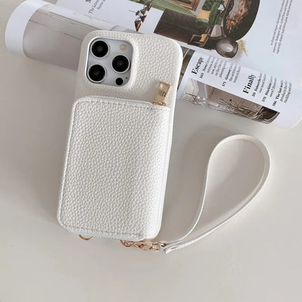 For iPhone 16 Pro Max Case Zipper Card Slots PU Leather Phone Back Cover with Wrist Strap