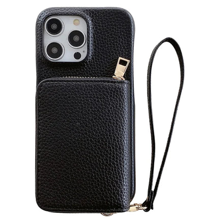 For iPhone 16 Pro Case Zipper Card Slots PU Leather Phone Back Cover with Wrist Strap - Black