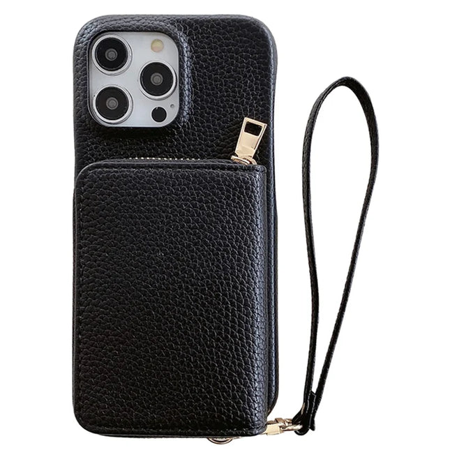 For iPhone 16 Pro Case Zipper Card Slots PU Leather Phone Back Cover with Wrist Strap - Black