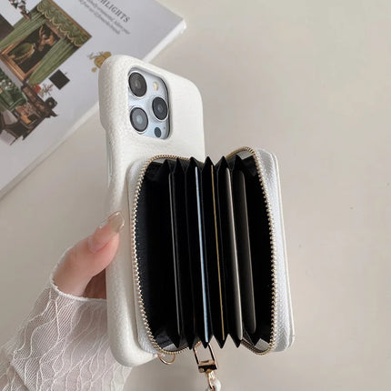 For iPhone 16 Pro Case Zipper Card Slots PU Leather Phone Back Cover with Wrist Strap