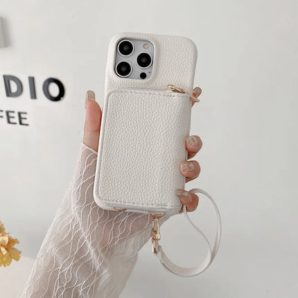For iPhone 16 Pro Case Zipper Card Slots PU Leather Phone Back Cover with Wrist Strap