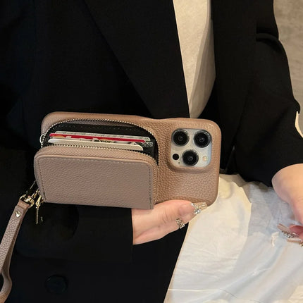 For iPhone 16 Pro Case Zipper Card Slots PU Leather Phone Back Cover with Wrist Strap