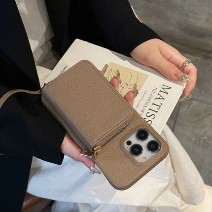For iPhone 16 Pro Case Zipper Card Slots PU Leather Phone Back Cover with Wrist Strap