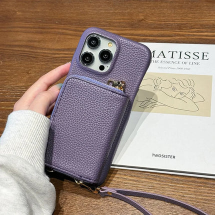 For iPhone 16 Pro Case Zipper Card Slots PU Leather Phone Back Cover with Wrist Strap