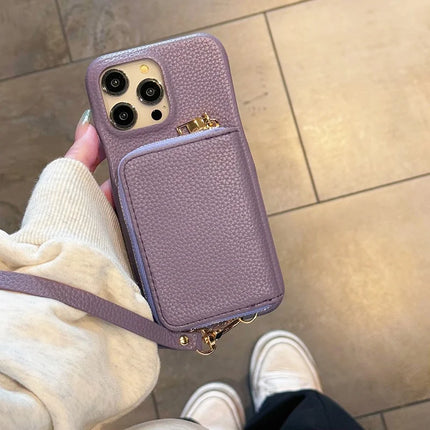 For iPhone 16 Pro Case Zipper Card Slots PU Leather Phone Back Cover with Wrist Strap