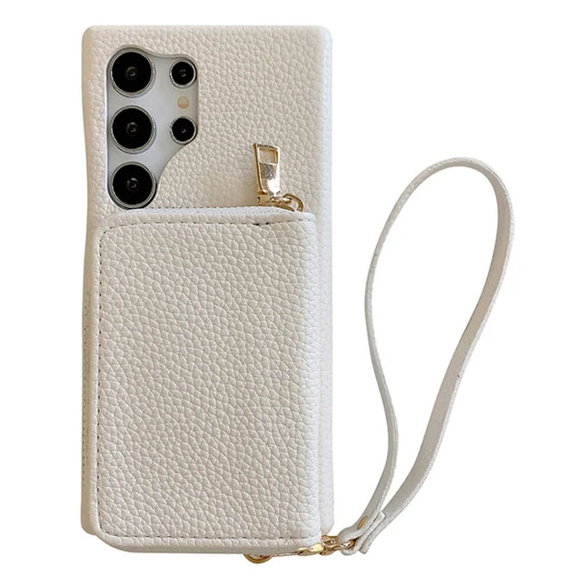 For Samsung Galaxy S23 Ultra Case Zipper Card Slots PU Leather Phone Back Cover with Wrist Strap - White